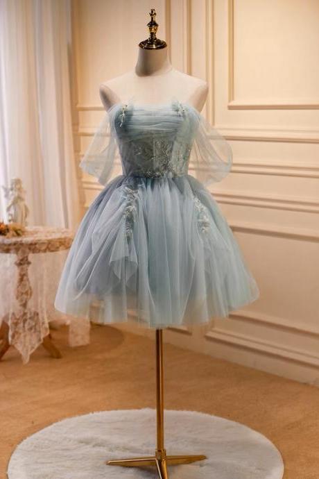 Off Shoulder Prom Dress，gray Blue Evening Dress,cute Party Dress,fairy Homecoming Dress,custom Made