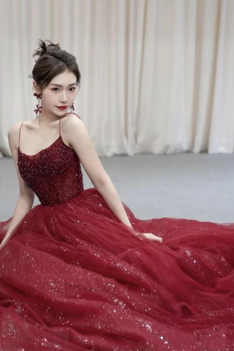 Spaghetti Strap Party Dress, Red Prom Dress, Fashionable Party Dress,shiny Evening Dress,custom Made