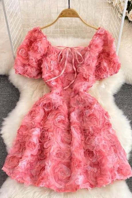 Square Collar, Bubble Short Sleeve Waist Slimming A-line Dress, Pink 3d Rose Petal Temperament Sweet Dress
