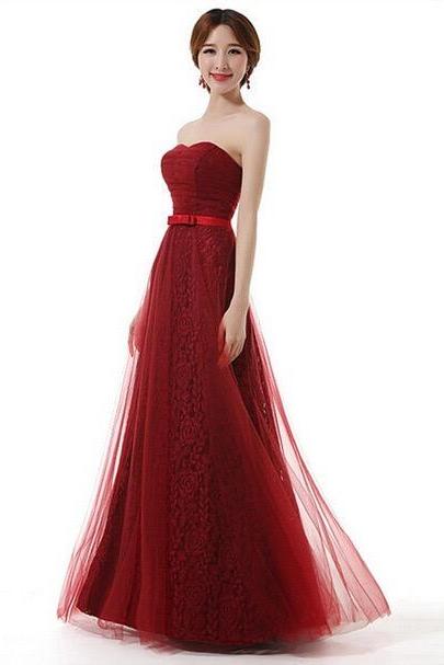 Strapless Prom Dress,red Evening Dress,elegant Party Dress, Lace Bridesmaid Dress,custom Made