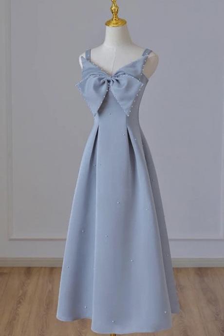 Spaghetti strap evening dress,blue party dress,satin party dress,sweet bridesmaid dress,cute birthday dress,custom made