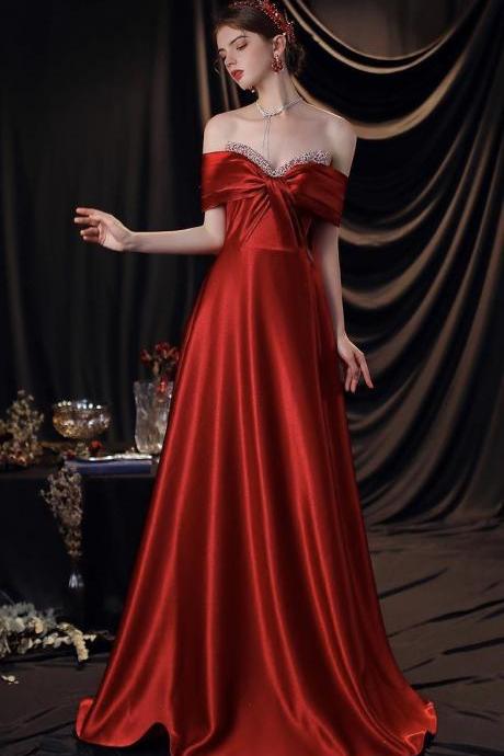 Off Shoulder Evening Dress,red Party Dress,satin Party Dress,charming Prom Dress,custom Made