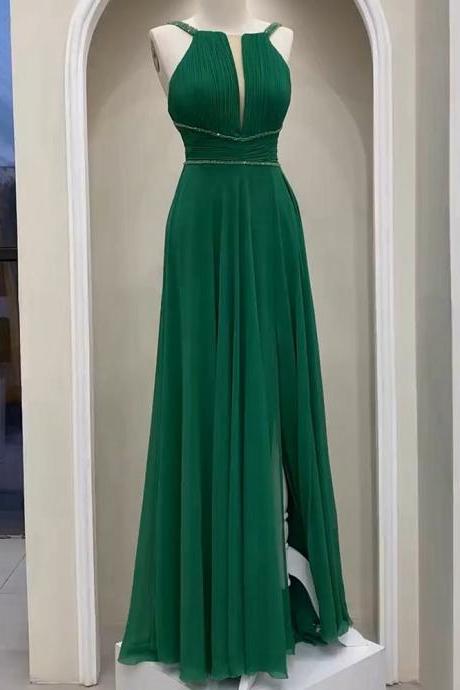 Halter Neck Evening Dress,green Party Dress,chiffon Party Dress,elegant Bridesmaid Dress,custom Made