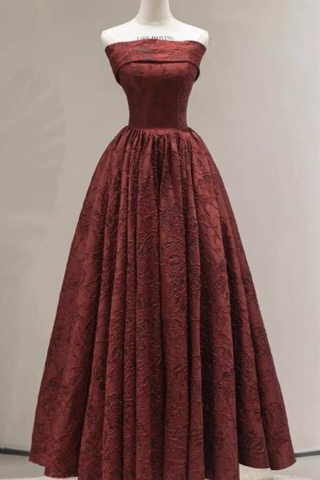 Strapless Prom Dress,red Evening Dress,charming Party Dress, Jacquard Noble Dress,custom Made