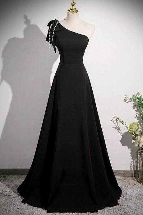 One Shoulder Evening Dress,black Party Dress,satin Party Dress,elegant Prom Dress,custom Made