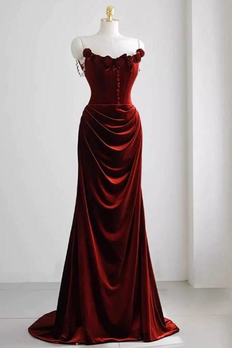 Red Velvet Evening Dress, Floral Prom Dress, Chic Mermaid Dress,custom Made