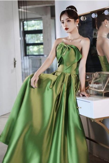 Strapless Evening Gown, Green Satin Dress, Temperament Prom Dress,custom Made