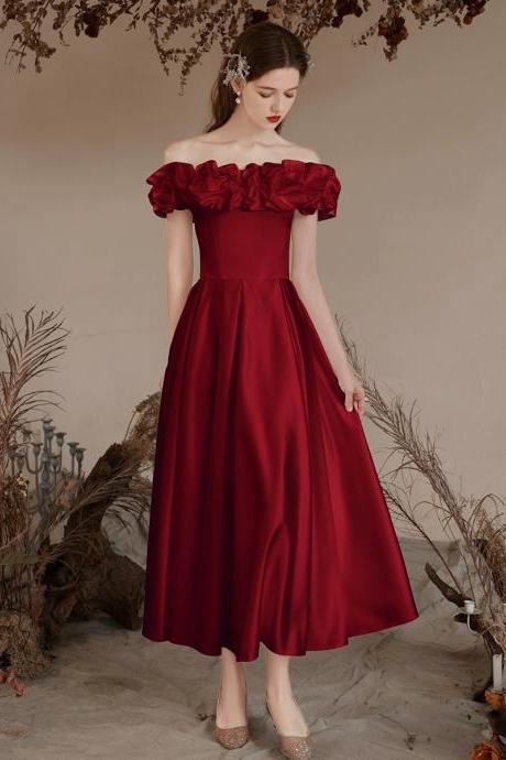Burgundy Evening Gown, Satin Off -shoulder Prom Dress, Mid-length Dress.red Homcoming Dress, Sweet Dress,custom Made
