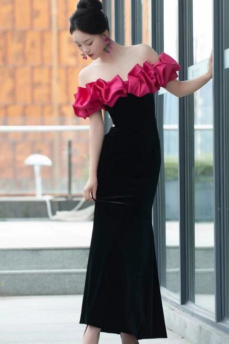 Black Velvet Evening Dress, Floral Prom Dress, Chic Mermaid Dress,custom Made