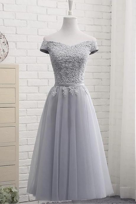 Grey Bridesmaid Dress, Off-shoulder Wedding Sister Dress, Cute Homecoming Dress