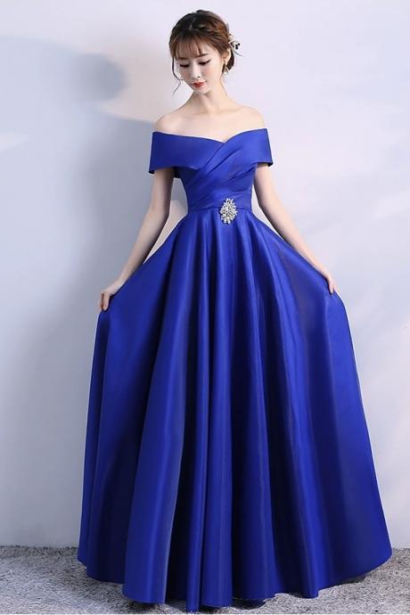 Off Shoulder Evening Gown, Satin Party Dress,royal Blue Prom Dress,custom Made