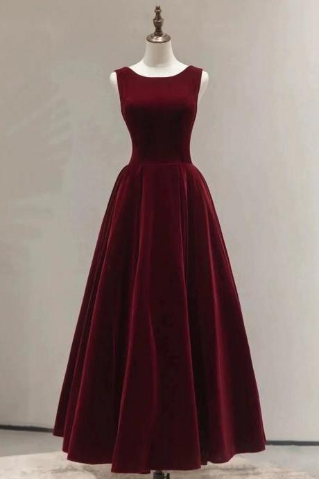 High quality velvet evening gown, sleeveless evening gown, Burgundy party dress
