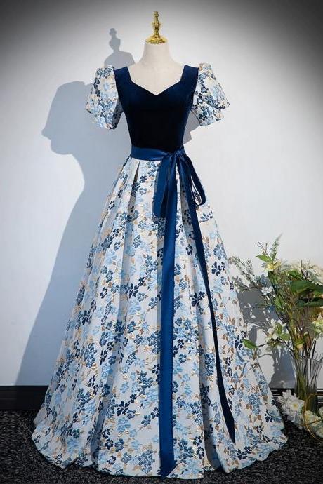 Blue Evening Gown, Haute Couture Prom Dress, Vintage Party Dress Jacquard Noble Dress,custom Made