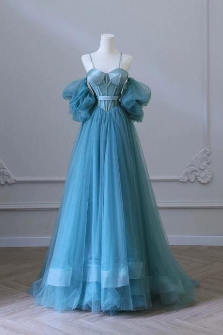 Sheer Corset Bodice Tulle Ball Gown With Puff Sleeves