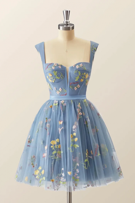 Blue Knee Length Tulle Party Dress, Cute Blue Floral Tulle Homecoming Dress