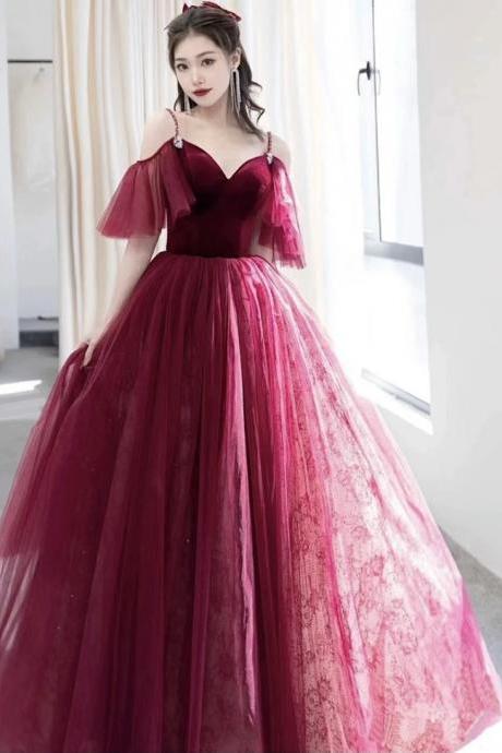 Burgundy V-neck Velvet And Tulle Long Prom Dress, A-line Spaghetti Strap Formal Evening Dress