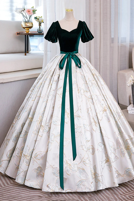 Green Velvet Floor-length Printing Prom Dresses, A-line Short Sleeve Evening Formal Dresses