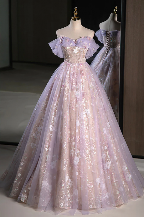 A-line Off Shoulder Tulle Lace Purple Long Prom Dress, Purple Formal Dress