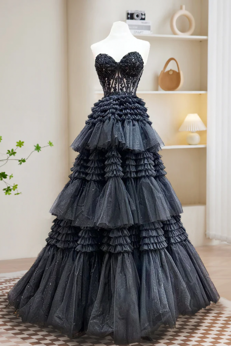 A-line Sweetheart Neck Lace Black Long Prom Dress, Black Formal Dress