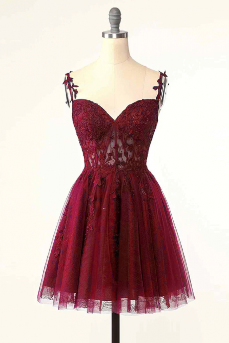 Burgundy A-line Tulle Lace Short Prom Dress, Cute Burgundy Homecoming Dress