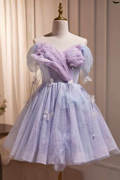 Purple Off Shoulder Tulle Short Prom Dress, Purple Homecoming Dress