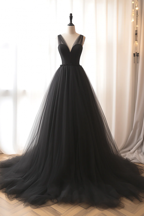 A-line V Neck Tulle Black Long Prom Dress, Black Long Formal Dress