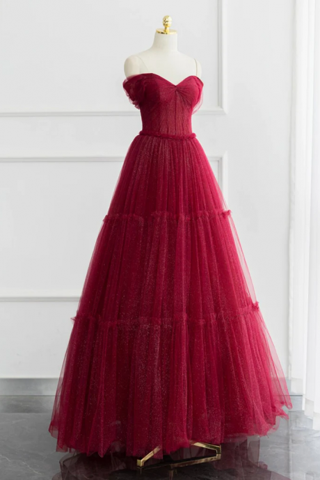 A-line Tulle Burgundy Long Prom Dress, Tulle Long Formal Dress