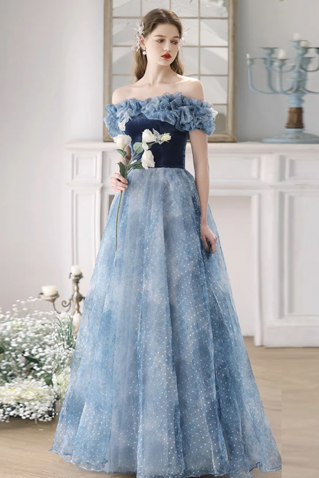 Enchanted Evening Blue Tulle Gown With Ruffled Off-shoulder Design