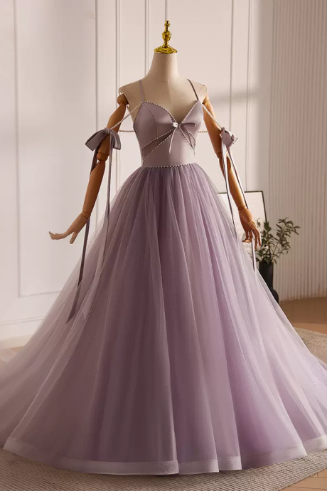 A-line V Neck Tulle Beads Purple Long Prom Dress, Purple Long Formal Dress