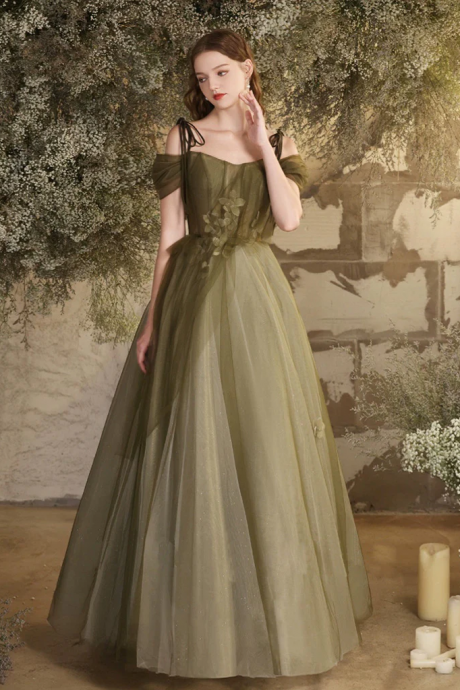 A- Line Off Shoulder Green Tulle Long Prom Dress, Green Formal Dress