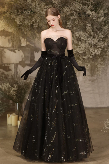 A-line Tulle Sequin Black Long Prom Dress, Black Sequin Long Evening Dress
