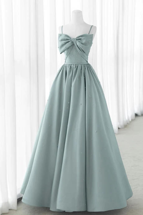 A-line Sweetheart Neck Satin Beads Blue Long Prom Dress, Blue Formal Dress
