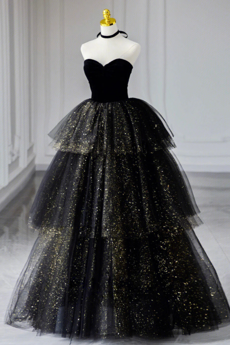A-line Sweetheart Neck Tulle Sequin Black Long Prom Dress, Black Formal Dress