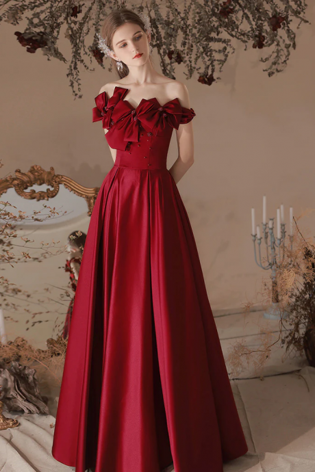 A-line Burgundy Satin Long Prom Dress, Burgundy Formal Dress