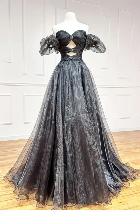 A-line Off Shoulder Black Long Prom Dresses, Black Formal Evening Dress