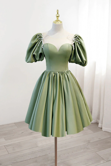 A-line Green Puffy Sleeve Satin Short Prom Dress, Green Short Formal Dress