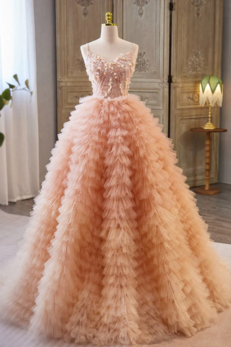 Enchanting Peach Tulle Ball Gown With Beaded Bodice