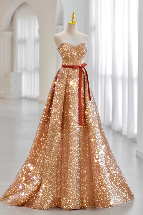 A-line Sweetheart Neck Velvet Sequin Champagne Gold Long Prom Dress