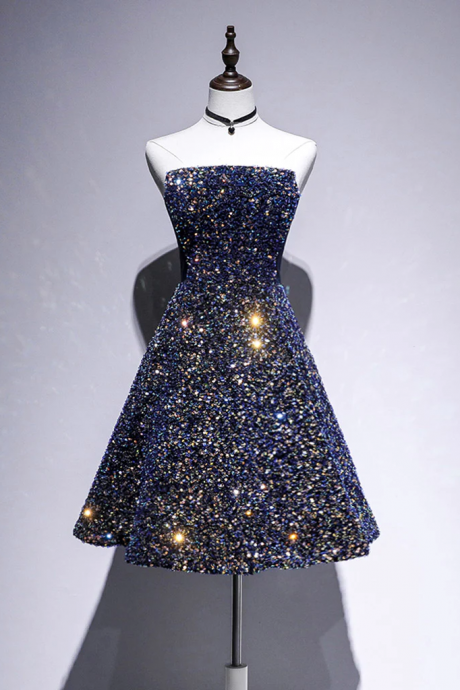 Dark Blue A-line Sequin Lace Short Prom Dress, Blue Homecoming Dress