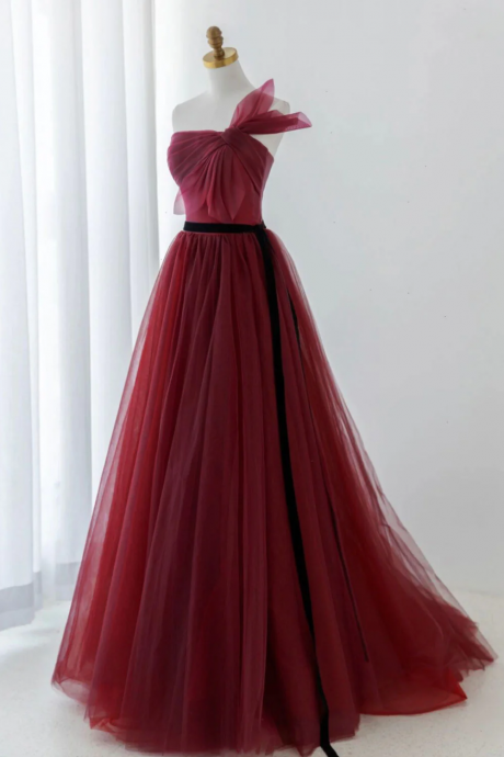 A-line Tulle Burgundy Long Prom Dress, Burgundy Formal Evening Dress