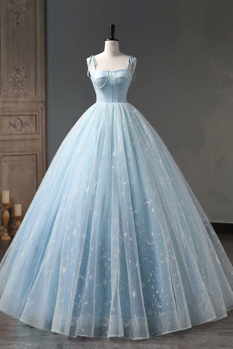 Blue A-line Tulle Long Prom Dress, Blue Formal Sweet 16 Dress