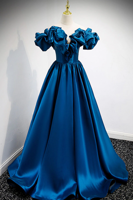 A-line Off Shoulder Satin Blue Long Prom Dress, Blue Evening Dresses