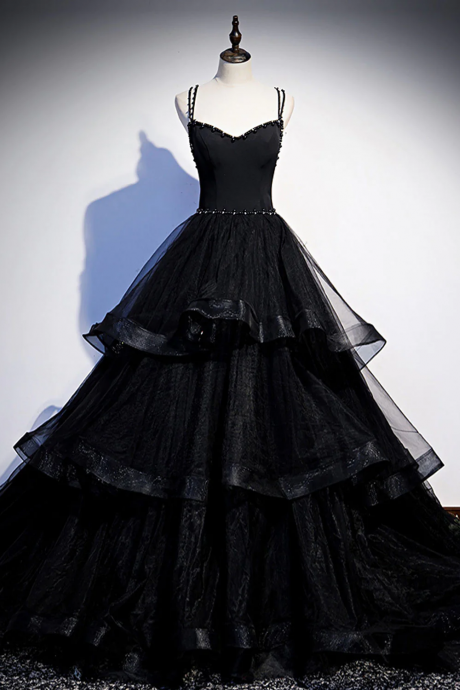 Black V Neck Tulle Long Prom Dress, Black Formal Graduation Dress With Beading