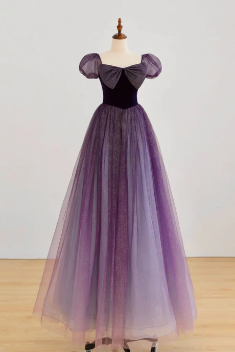 A-line Purple Long Prom Dress, Purple Tulle Evening Dress