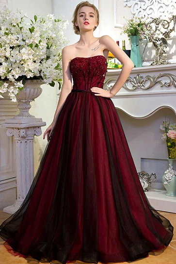Red And Black Scoop Tulle Long Party Dress With Beadings, Long Tulle A-line Formal Dress