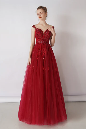 Wine Red Tulle Round Neckline Long Party Dress, A-line Floor Length Evening Dress Prom Dress