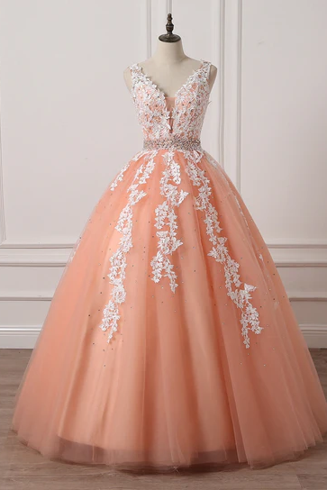 Gorgeous Coral Tulle High Quality V-neck Lace Appliques Beads Party Dress, Long Formal Dress