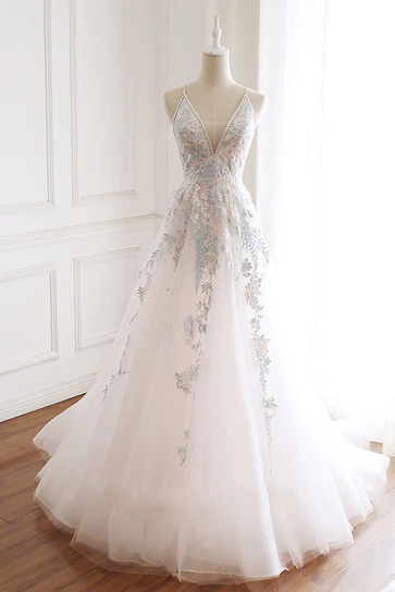 V-neckline Lace Applique Floor Length Party Dress, Charming White Floral Prom Dress
