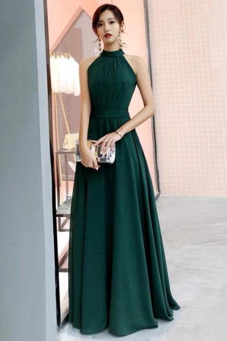 Dark Green Chiffon Halter Floor Length Wedding Party Dress, Green Long Prom Dress