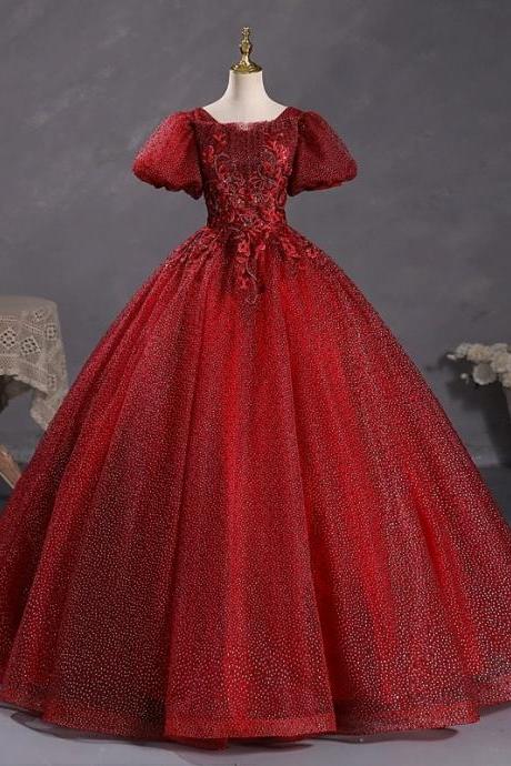Glam Red And Black Flowers Cap Sleeves Ball Gown Sweet 16 Dress, Princess Long Formal Dress